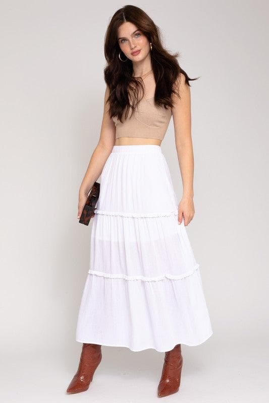 GILLI Elastic Waist Merrow Edge Tiered Midi Skirt - SwagglyLife Home & Fashion