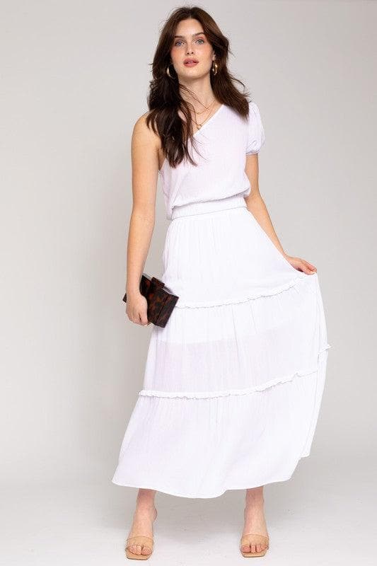 GILLI Elastic Waist Merrow Edge Tiered Midi Skirt - SwagglyLife Home & Fashion