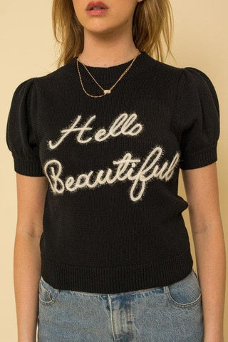 GILLI Hello Beautiful Short Sleeve Sweater Top - SwagglyLife Home & Fashion