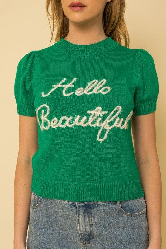 GILLI Hello Beautiful Short Sleeve Sweater Top - SwagglyLife Home & Fashion