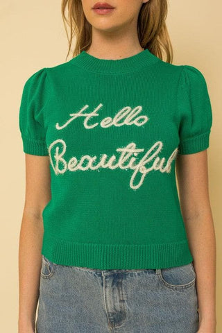 GILLI Hello Beautiful Short Sleeve Sweater Top - SwagglyLife Home & Fashion