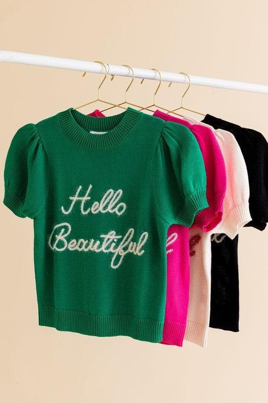 GILLI Hello Beautiful Short Sleeve Sweater Top - SwagglyLife Home & Fashion