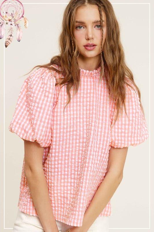 Gingham Check Print Puff Sleeve Top - SwagglyLife Home & Fashion