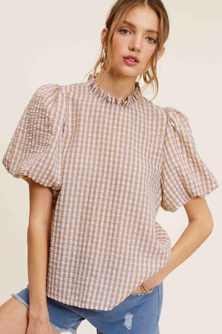 Gingham Check Print Puff Sleeve Top - SwagglyLife Home & Fashion