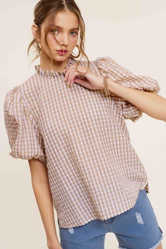 Gingham Check Print Puff Sleeve Top - SwagglyLife Home & Fashion