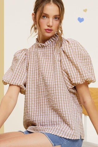 Gingham Check Print Puff Sleeve Top - SwagglyLife Home & Fashion