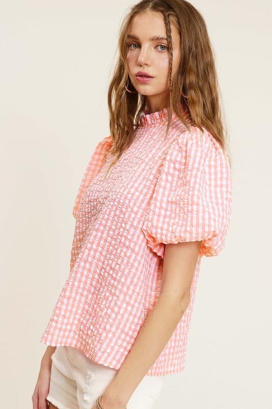 Gingham Check Print Puff Sleeve Top - SwagglyLife Home & Fashion