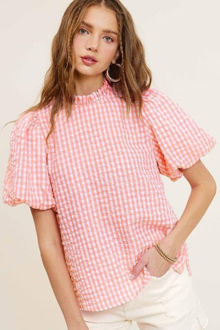 Gingham Check Print Puff Sleeve Top - SwagglyLife Home & Fashion