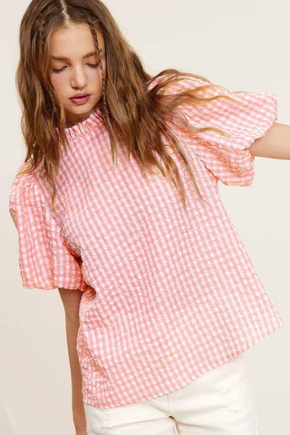 Gingham Check Print Puff Sleeve Top - SwagglyLife Home & Fashion