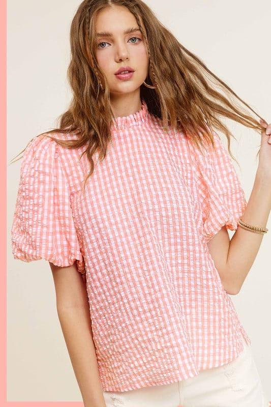 Gingham Check Print Puff Sleeve Top - SwagglyLife Home & Fashion