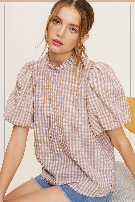 Gingham Check Print Puff Sleeve Top - SwagglyLife Home & Fashion