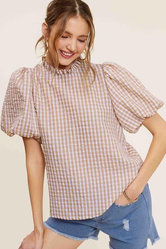 Gingham Check Print Puff Sleeve Top - SwagglyLife Home & Fashion