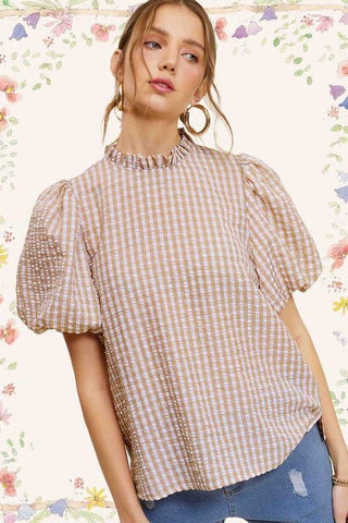 Gingham Check Print Puff Sleeve Top - SwagglyLife Home & Fashion