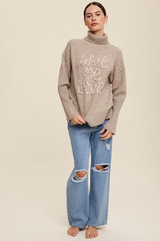 Give Me Love Stitched Mock Neck Sweater - SwagglyLife Home & Fashion