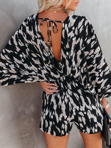 Going Places Tied Printed Kimono Sleeve Romper - SwagglyLife Home & Fashion