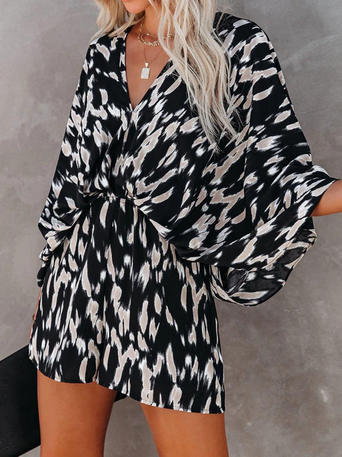 Going Places Tied Printed Kimono Sleeve Romper - SwagglyLife Home & Fashion