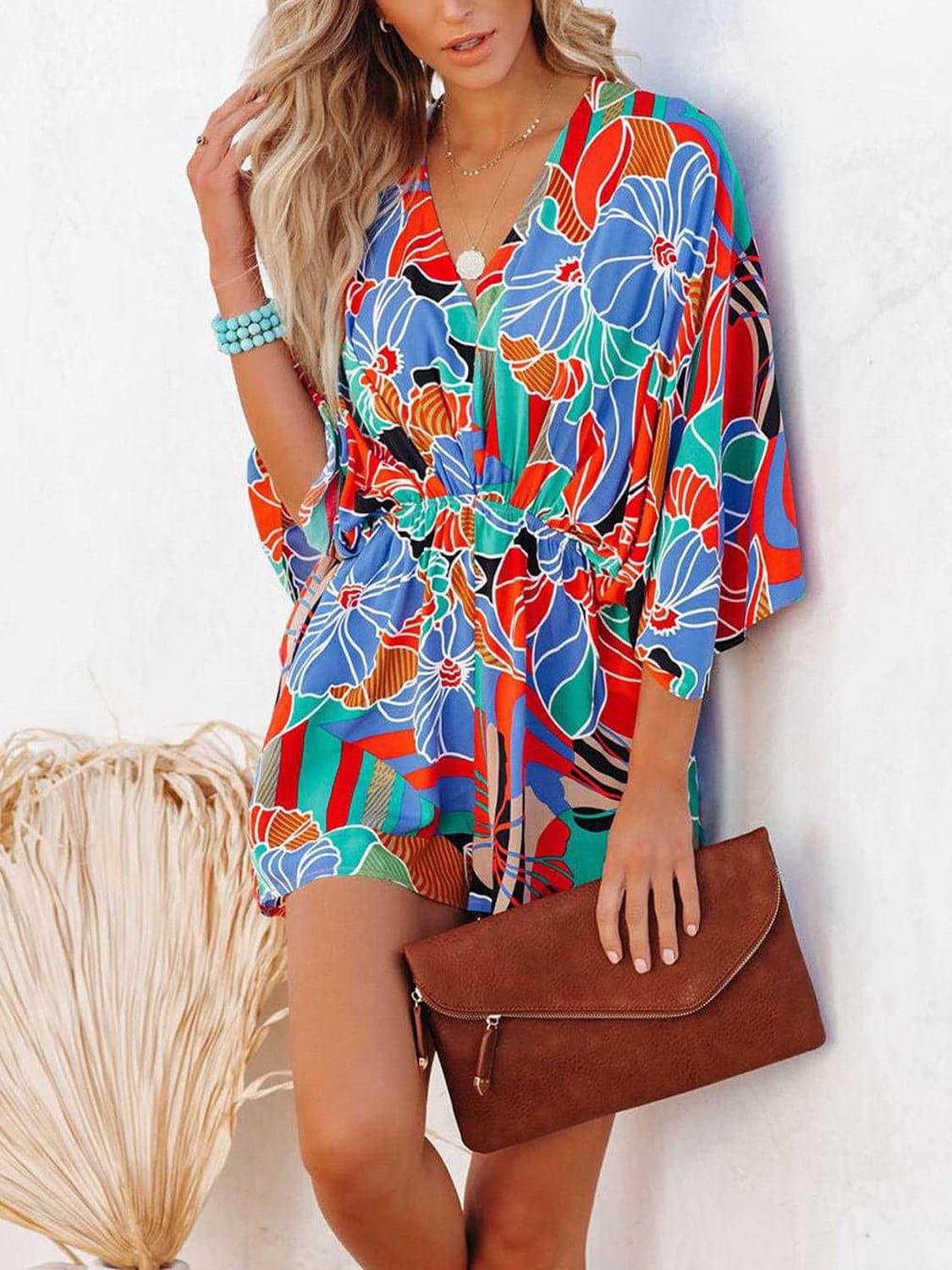 Going Places Tied Printed Kimono Sleeve Romper - SwagglyLife Home & Fashion