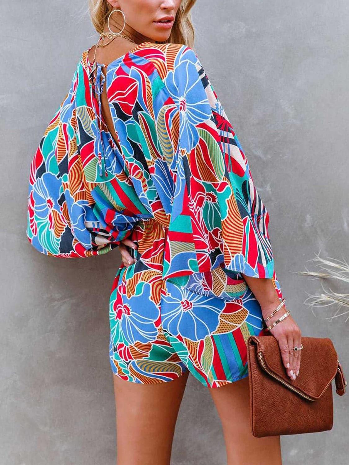 Going Places Tied Printed Kimono Sleeve Romper - SwagglyLife Home & Fashion