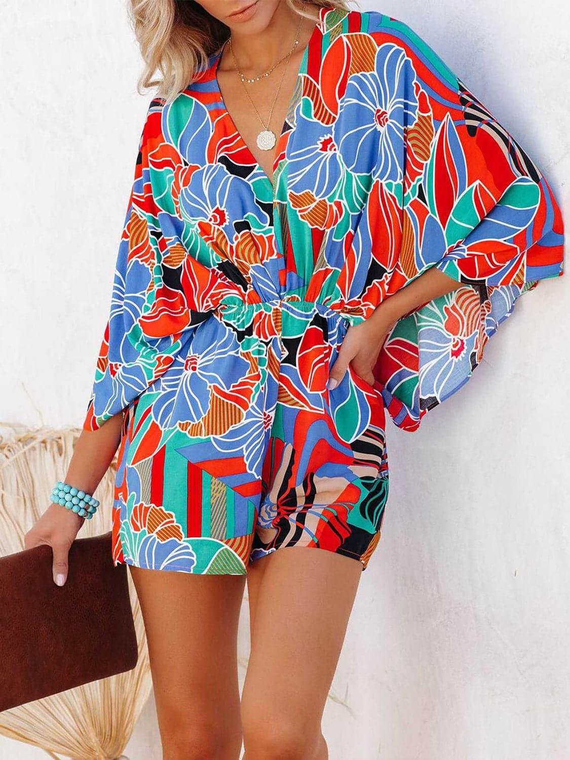 Going Places Tied Printed Kimono Sleeve Romper - SwagglyLife Home & Fashion