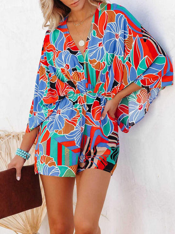 Going Places Tied Printed Kimono Sleeve Romper - SwagglyLife Home & Fashion