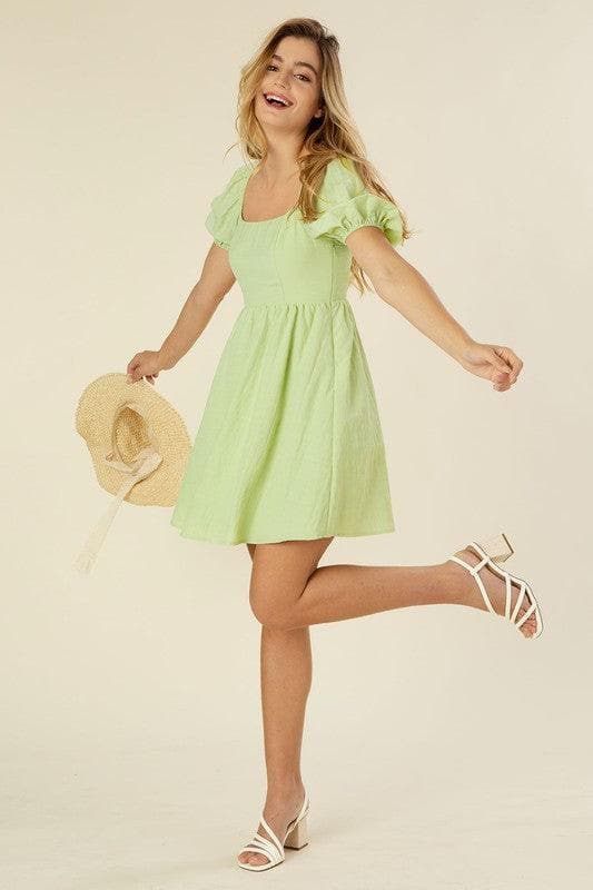 Green with Envy Tie Back Dress with Puff Sleeves - SwagglyLife Home & Fashion