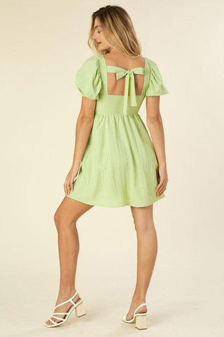 Green with Envy Tie Back Dress with Puff Sleeves - SwagglyLife Home & Fashion