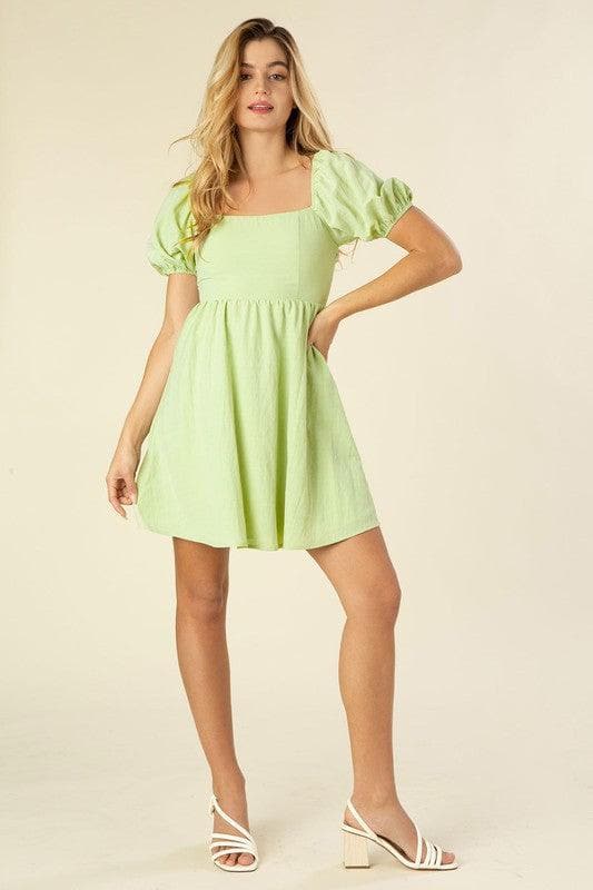 Green with Envy Tie Back Dress with Puff Sleeves - SwagglyLife Home & Fashion