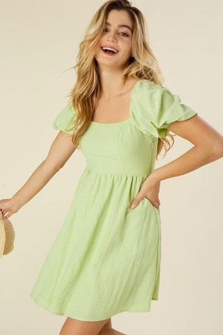 Green with Envy Tie Back Dress with Puff Sleeves - SwagglyLife Home & Fashion