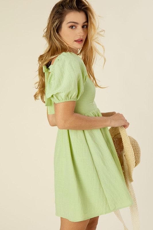 Green with Envy Tie Back Dress with Puff Sleeves - SwagglyLife Home & Fashion