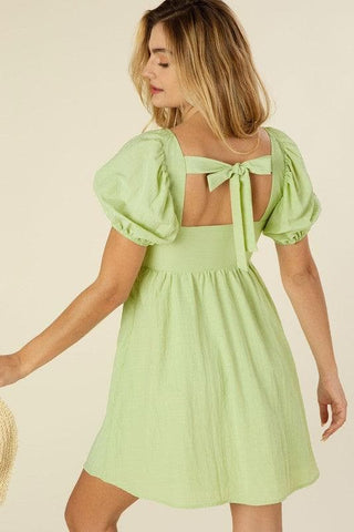 Green with Envy Tie Back Dress with Puff Sleeves - SwagglyLife Home & Fashion