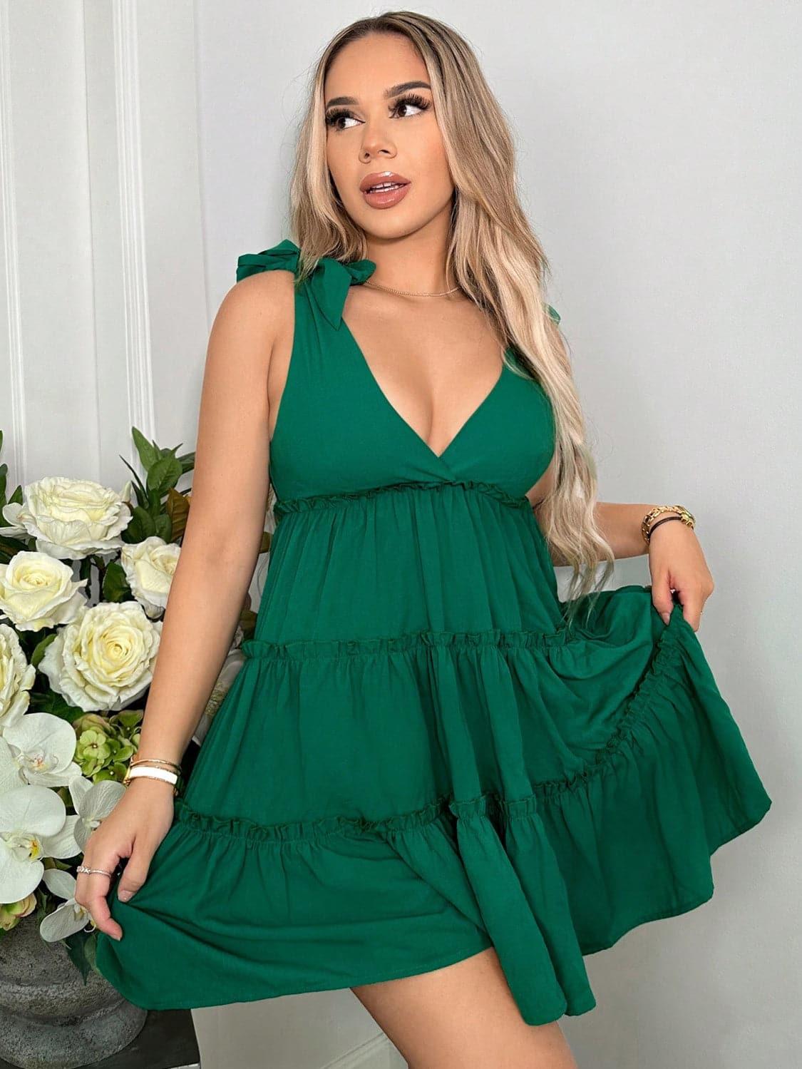 Green with Envy Tie Shoulder Plunge Sleeveless Tiered Dress - SwagglyLife Home & Fashion