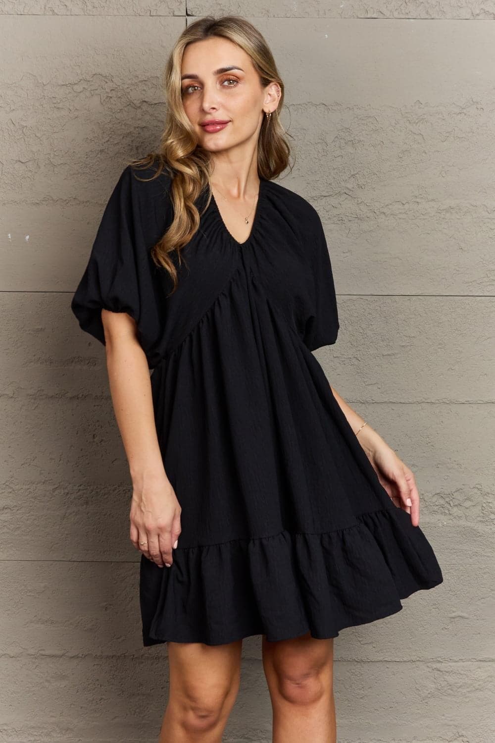 Hailey & Co Comfort Cutie Double V-Neck Puff Sleeve Mini Dress - SwagglyLife Home & Fashion