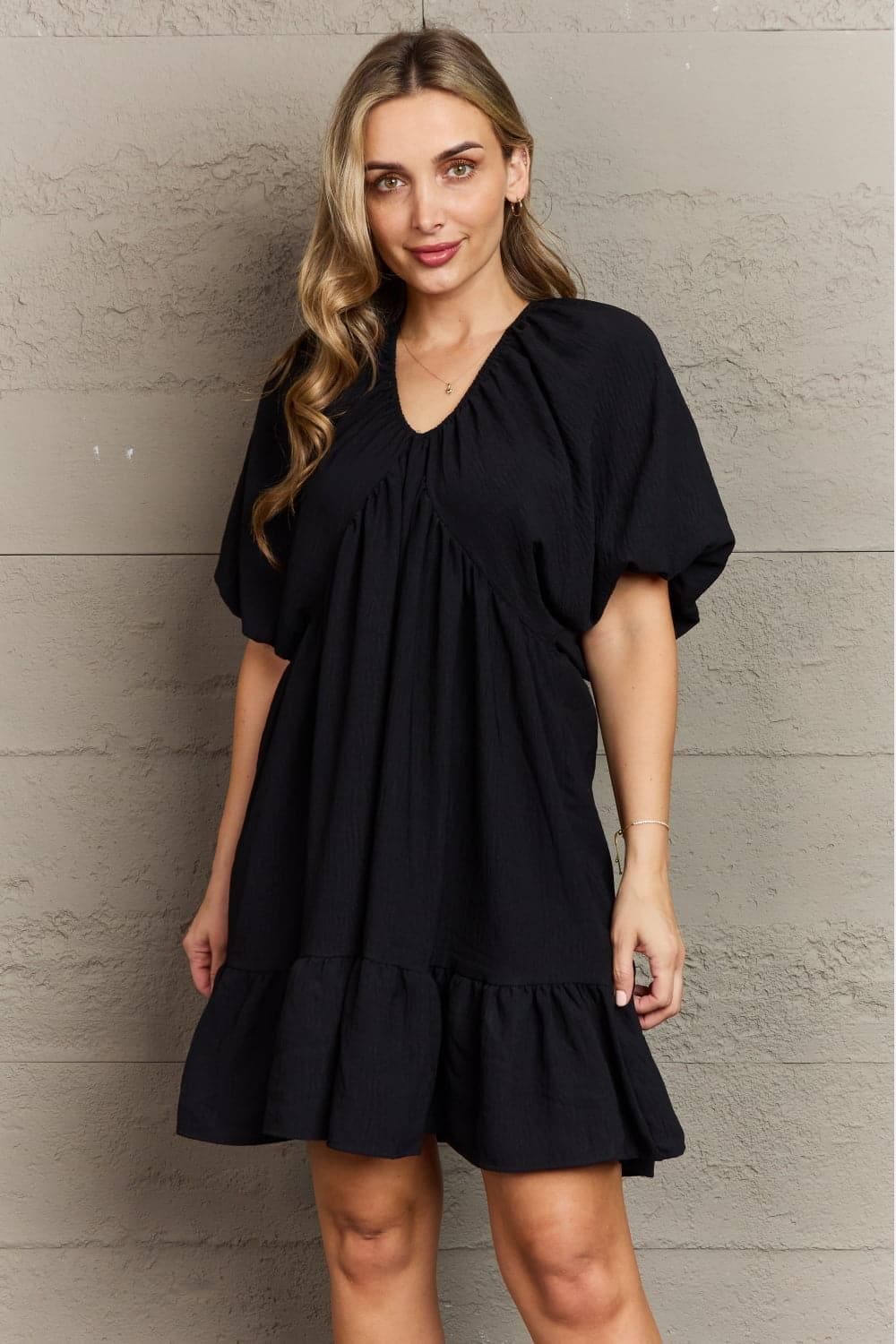 Hailey & Co Comfort Cutie Double V-Neck Puff Sleeve Mini Dress - SwagglyLife Home & Fashion