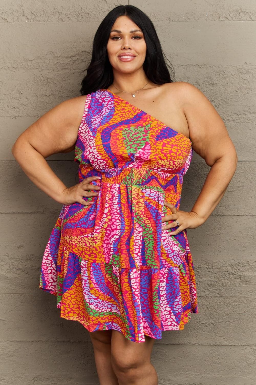 Hailey & Co Fall Back PLUS Size One Shoulder Mini Tiered Dress - SwagglyLife Home & Fashion