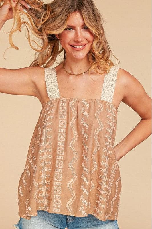 HAPTICS Embroidered Crochet Lace Woven Tank Top - SwagglyLife Home & Fashion