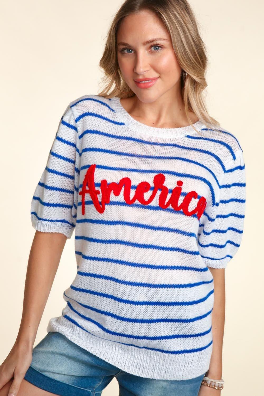 Haptics Letter Embroidery Striped Knit Top - SwagglyLife Home & Fashion