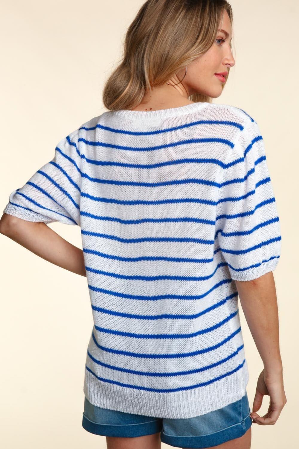 Haptics Letter Embroidery Striped Knit Top - SwagglyLife Home & Fashion