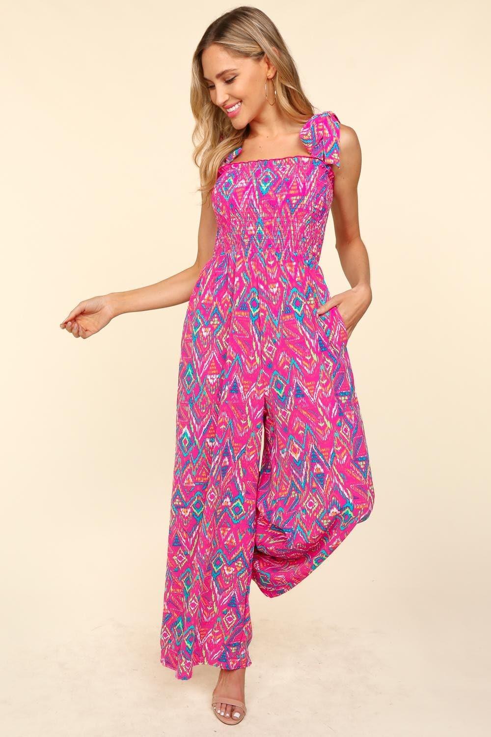 Haptics Printed Smocked Sleeveless Jumpsuit - SwagglyLife Home & Fashion