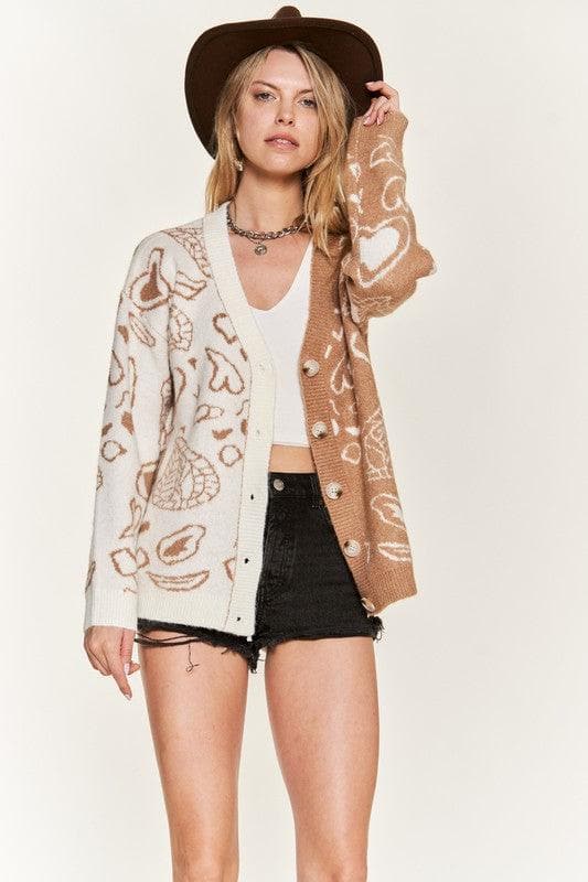 Heart Paisley and Color Block Cardigan - SwagglyLife Home & Fashion