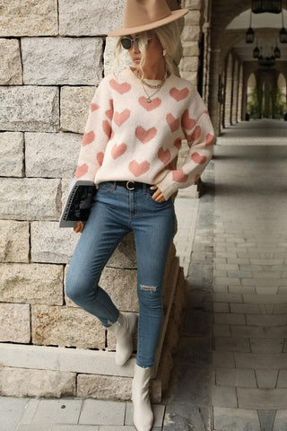 Heart Pattern Dropped Shoulder Sweater - SwagglyLife Home & Fashion