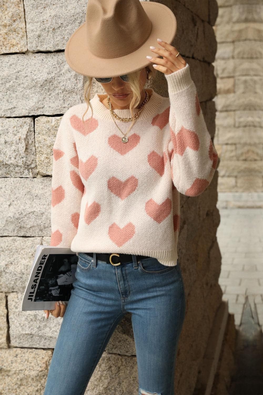 Heart Pattern Dropped Shoulder Sweater - SwagglyLife Home & Fashion