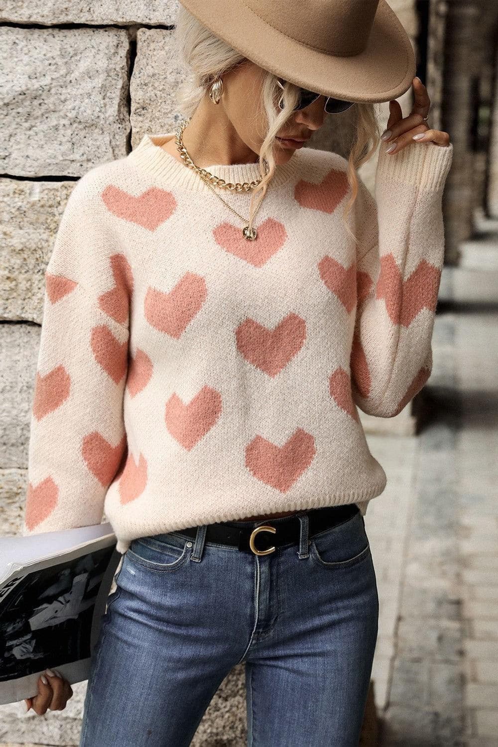 Heart Pattern Dropped Shoulder Sweater - SwagglyLife Home & Fashion