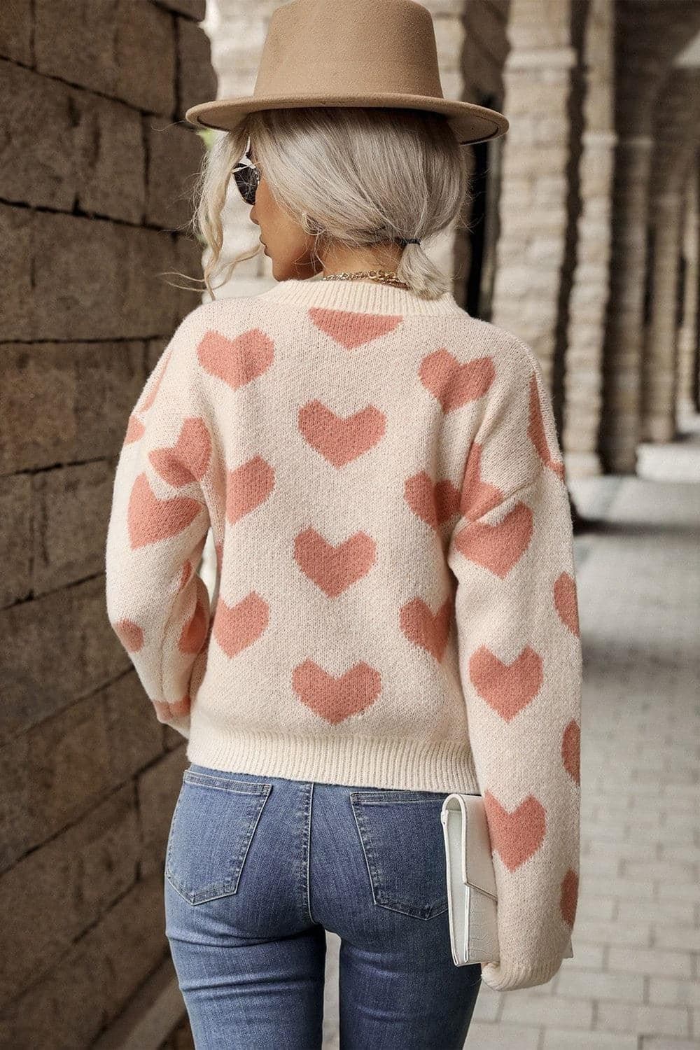 Heart Pattern Dropped Shoulder Sweater - SwagglyLife Home & Fashion