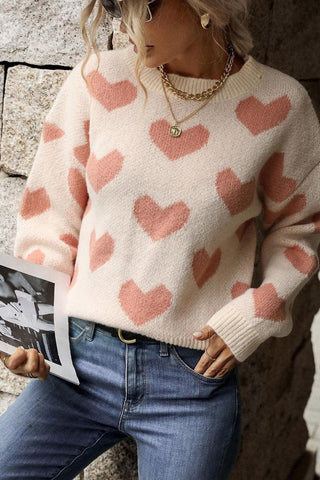 Heart Pattern Dropped Shoulder Sweater - SwagglyLife Home & Fashion