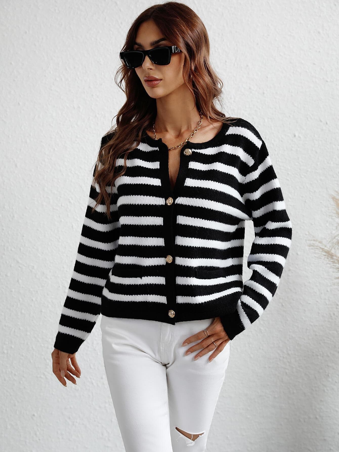 Striped Button Front Cardigan, Multiple Colors - SwagglyLife Home & Fashion