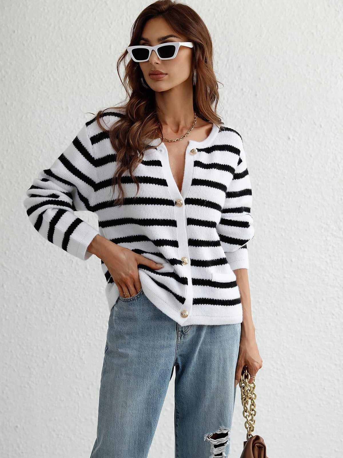 Striped Button Front Cardigan, Multiple Colors - SwagglyLife Home & Fashion