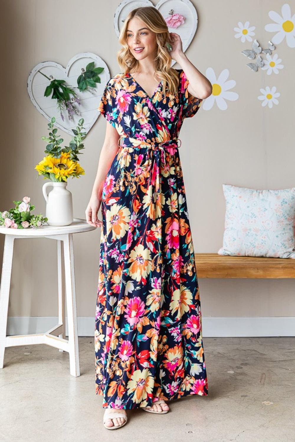 Heimish Full Size Floral Surplice Tie Waist Maxi Dress - SwagglyLife Home & Fashion