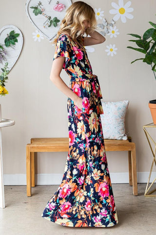 Heimish Full Size Floral Surplice Tie Waist Maxi Dress - SwagglyLife Home & Fashion