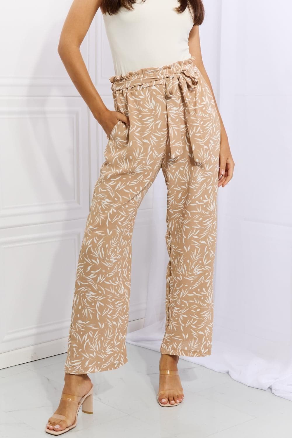 Heimish Right Angle Full Size Geometric Printed Pants, Tan - SwagglyLife Home & Fashion