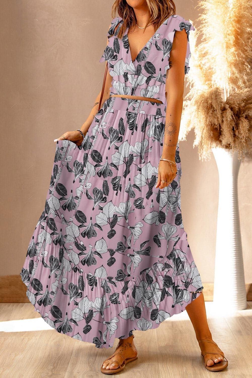 Printed Tie Back Cropped Top and Maxi Skirt Set - SwagglyLife Home & Fashion